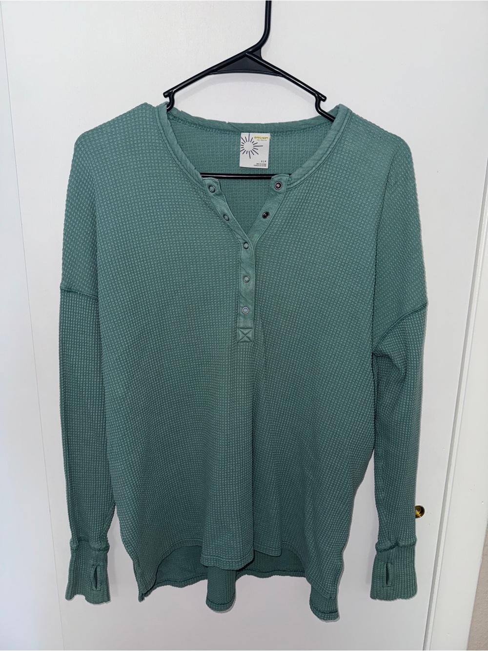 aerie Waffle Knit Long-Sleeve Henley - Seafoam Green